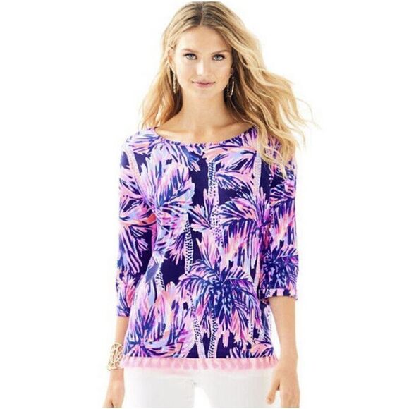 Lilly Pulitzer Mercer Top in Bright Navy Palms Up Reduced Tassel Blue Pink - XXS - Picture 2 of 12